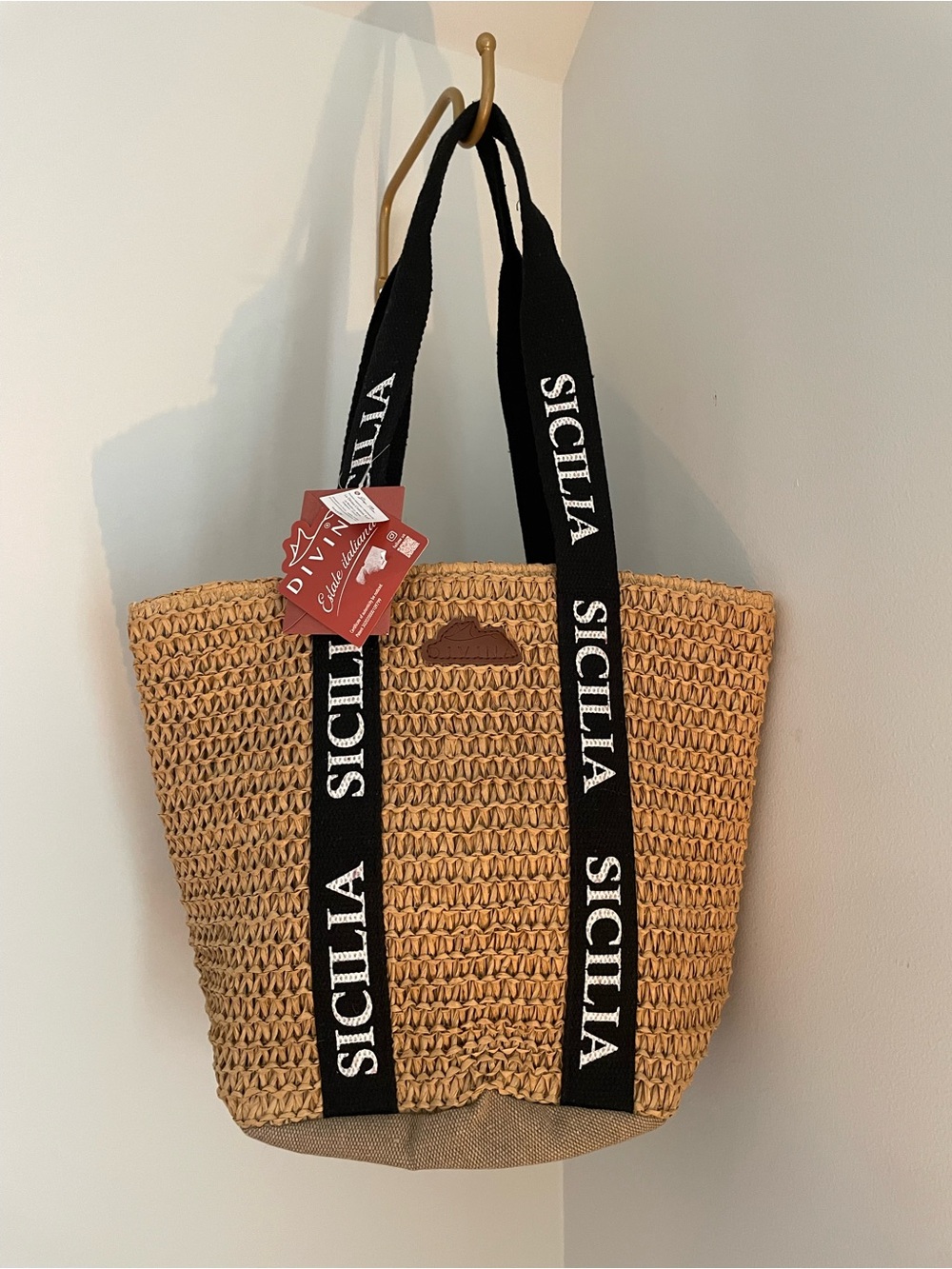 Tan Woven Tote Bag with Black Logo Straps